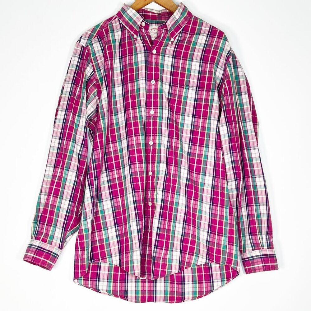 Brooks Brothers Washed Cotton Plaid Button-up Shirt Purple Green Mens M